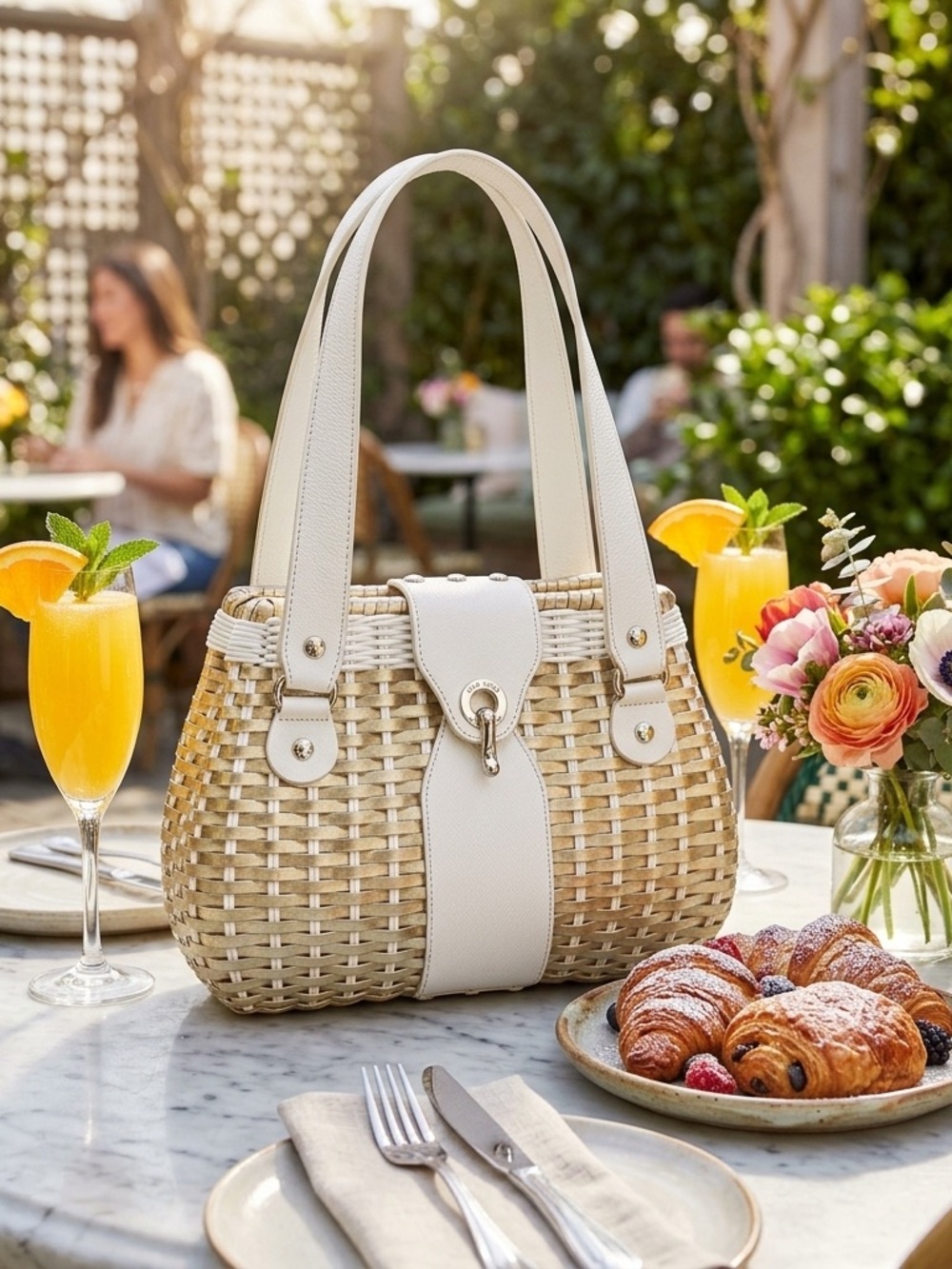 kate spade Natural Woven Tote with White Trim and Handles